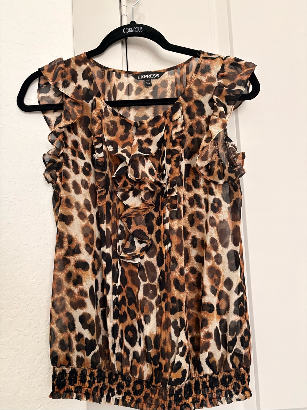 Express Leopard Ruffle Shell Top in Brown and Black